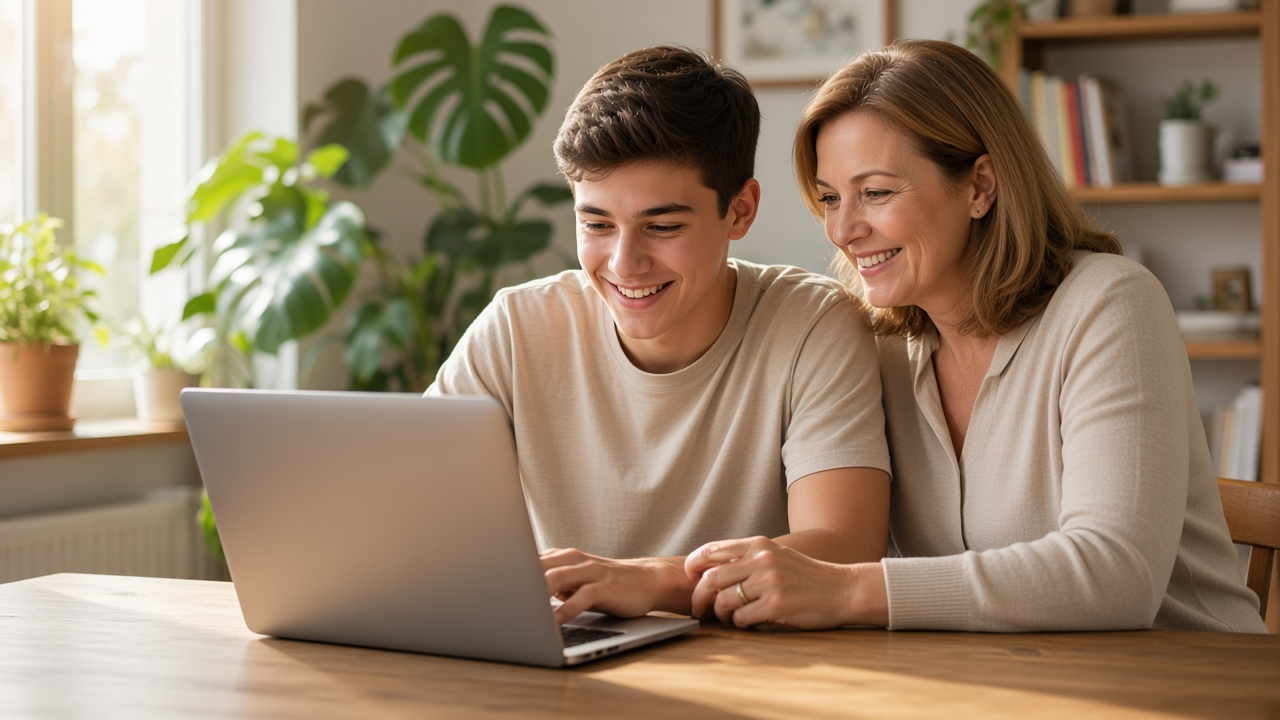Jugendlicher und Elternteil recherchieren gemeinsam am Laptop