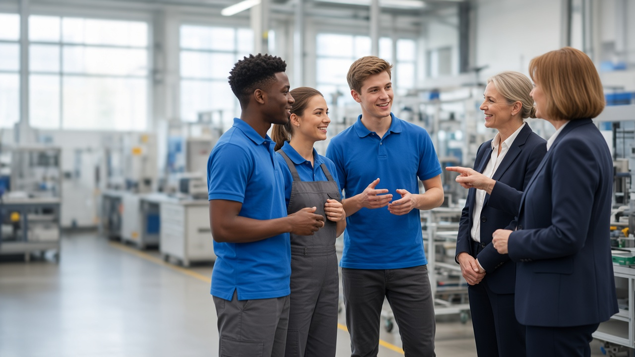 Auszubildende und Mentorinnen in einem modernen Betrieb