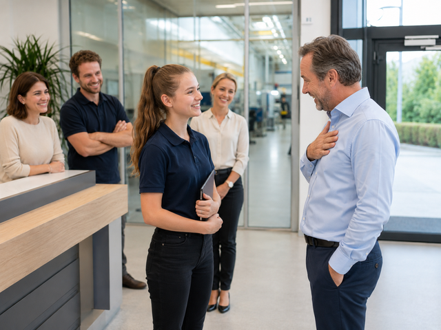 Praktikant bedankt sich an seinem letzten Arbeitstag beim Chef und dem Team