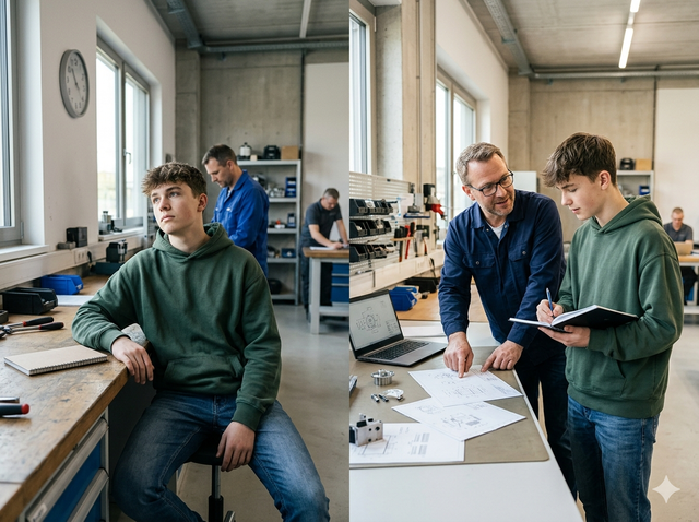Jugendlicher macht sich in der Werkstatt Notizen, während der Ausbilder ihm etwas erklärt