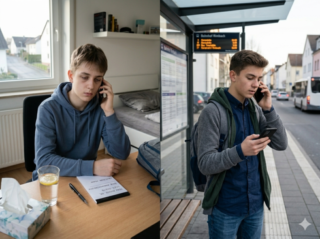 Jugendlicher ruft bei Verspätung oder Krankheit im Unternehmen an und gibt Bescheid
