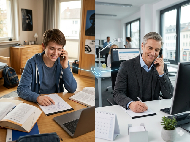 Schüler telefoniert, wenn sich eine andere Person als die Ansprechpartnerin meldet